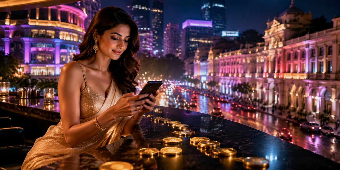 Playing Rummy online on a vibrant neon-lit night in Delhi