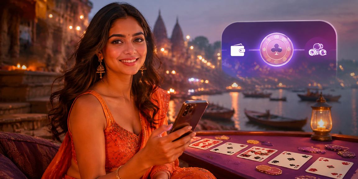 Traditional Indian setting with cards for Rummy on Varanasi river ghats